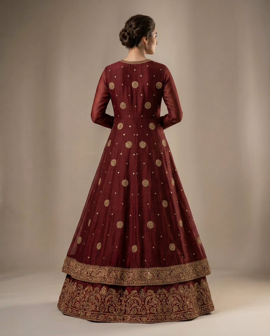 Shahkaar-e-Maroon { maxi lehnga set }