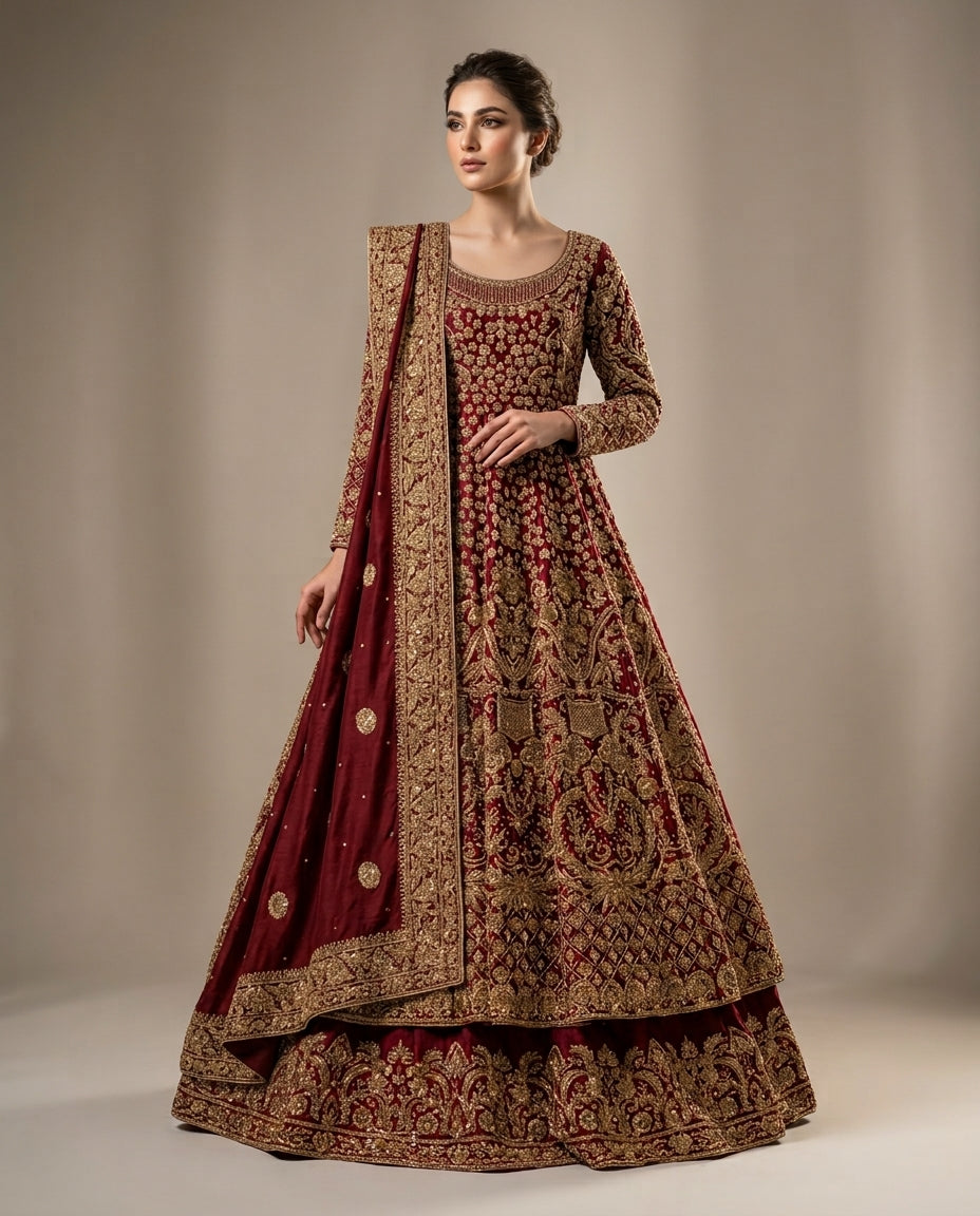 Shahkaar-e-Maroon { maxi lehnga set }